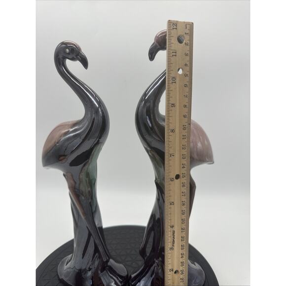 Pair Of Vintage MCM Redware Ceramic Flamingos Green Glaze - Picture 4 of 9